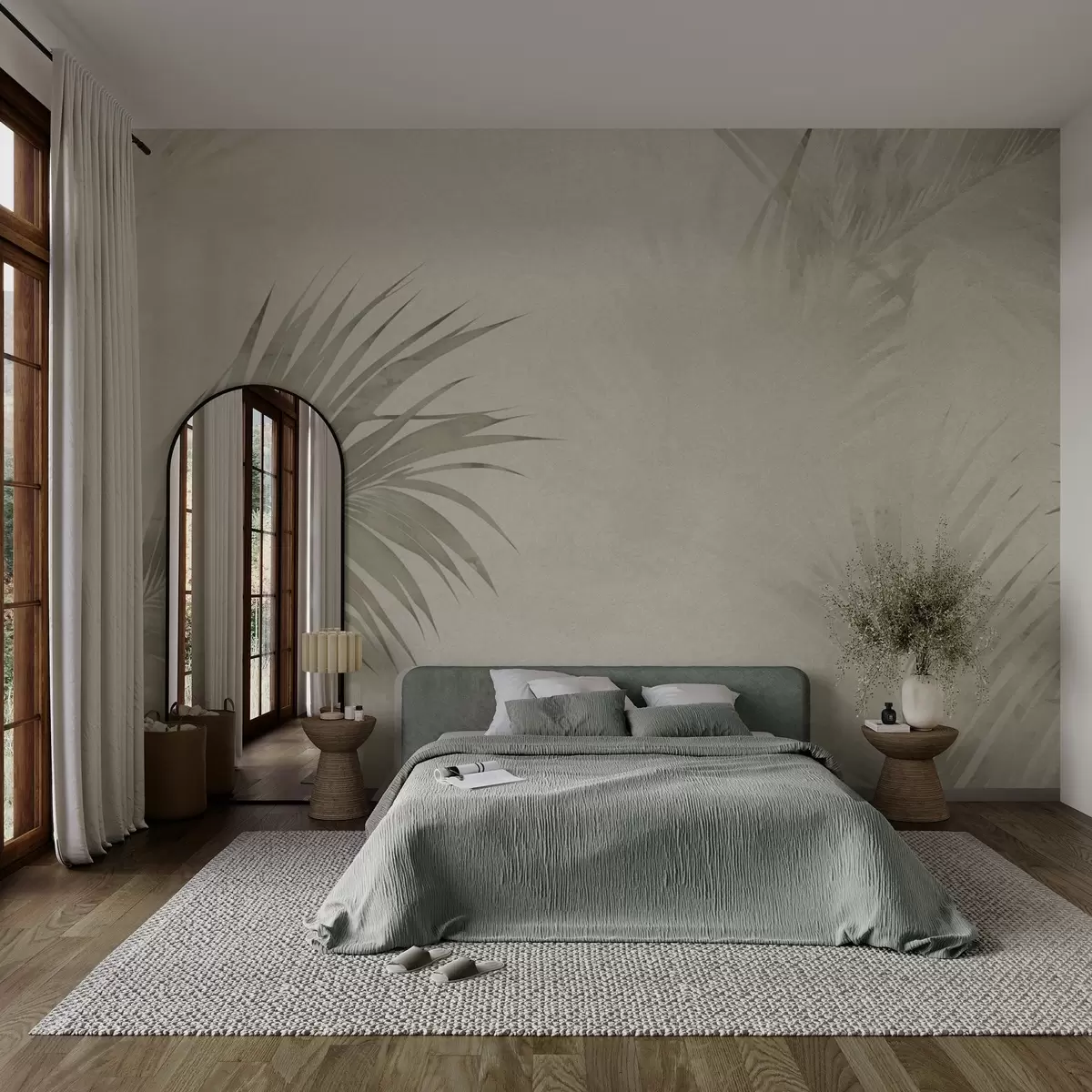 murales de pared Hojas verdes tropicales en la niebla en estilo grunge w03534v1