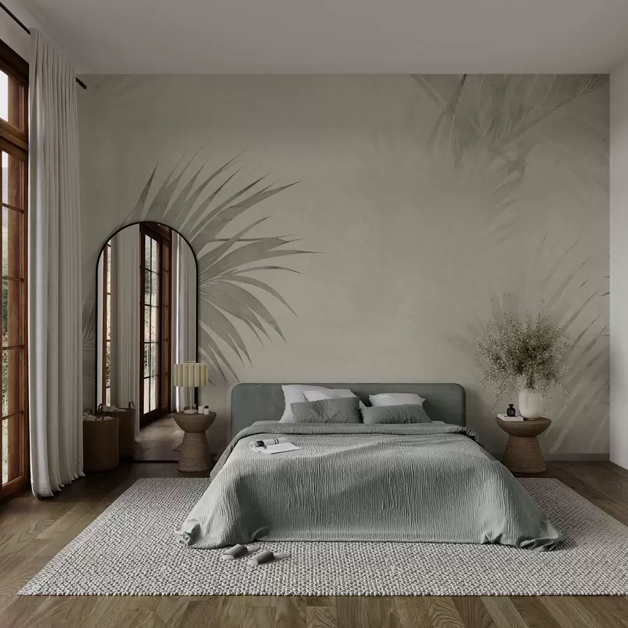 murales de pared Hojas verdes tropicales en la niebla en estilo grunge w03534v1