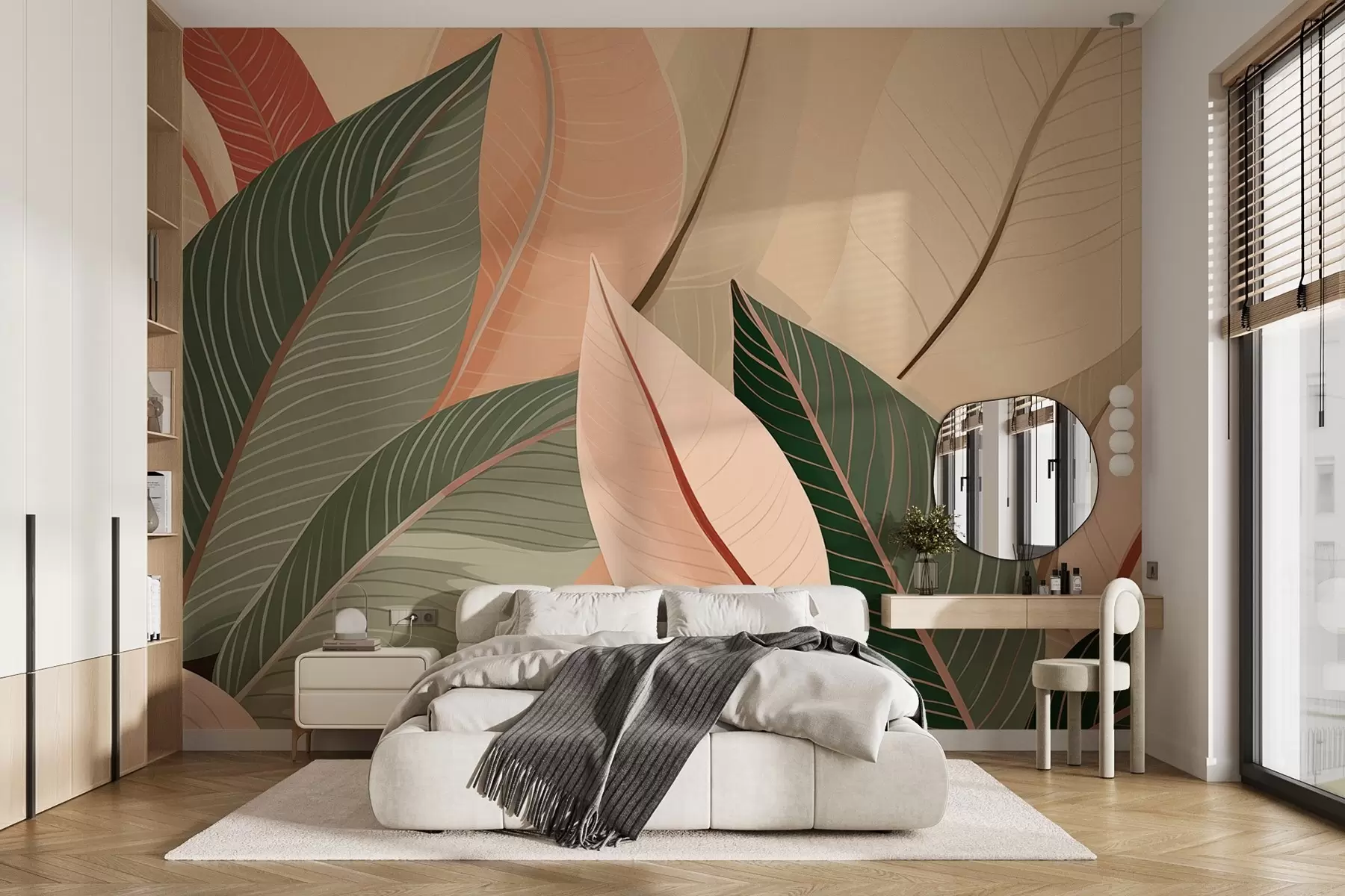 murales de pared Primer plano de hojas en colores verde oliva y rosa-crema w08944