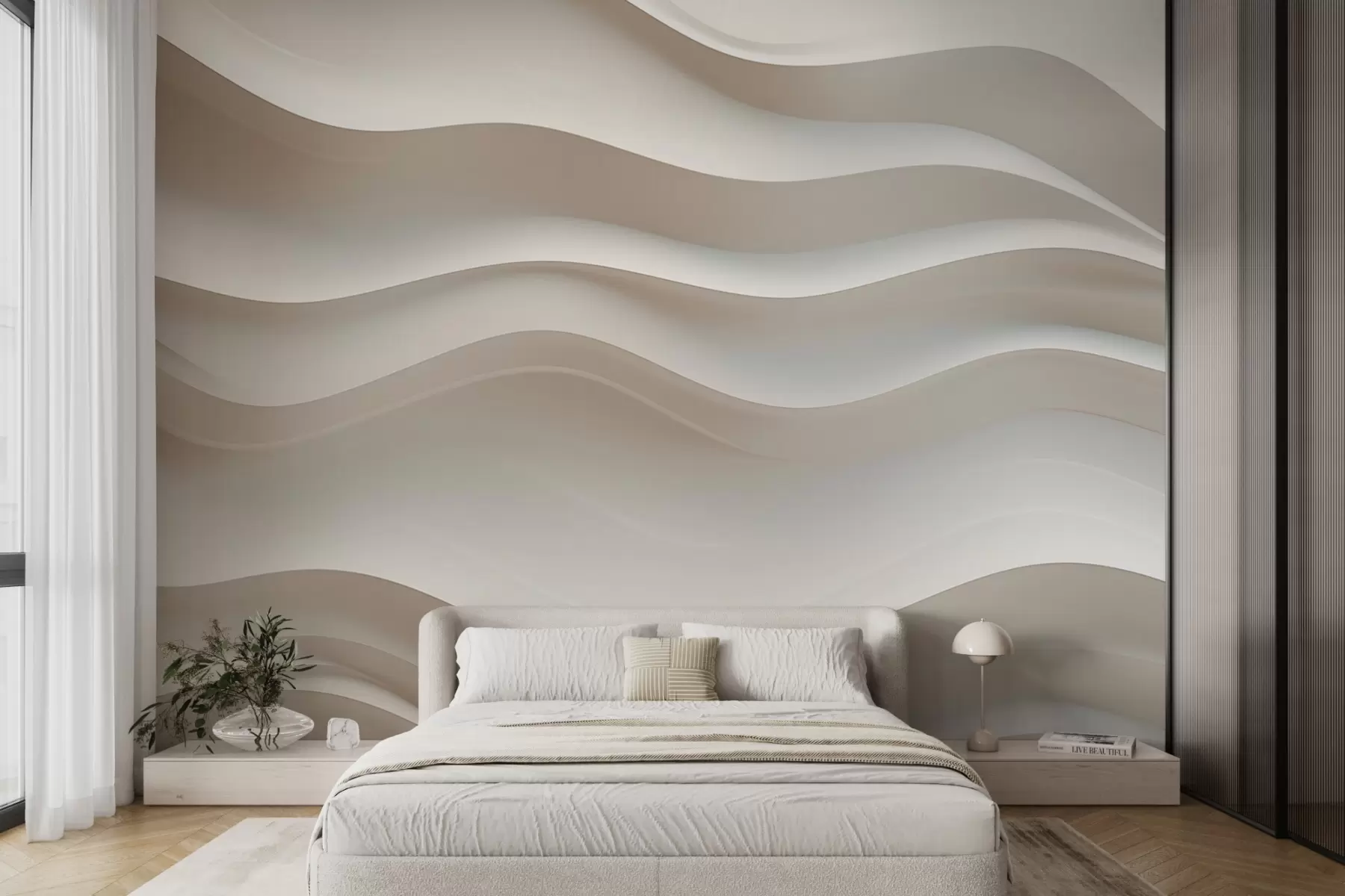 murales de pared ondas blancas y grises en 3D w08939