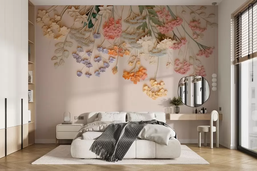 murales de pared Voluminosas flores silvestres colgantes sobre fondo beige w08940