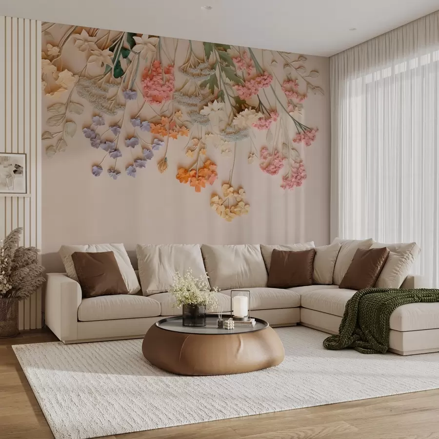 murales de pared Voluminosas flores silvestres colgantes sobre fondo beige w08940