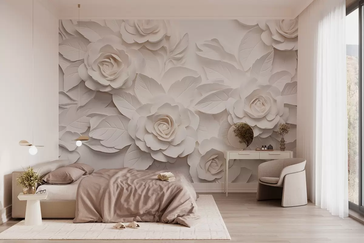murales de pared Rosas blancas voluminosas w08942