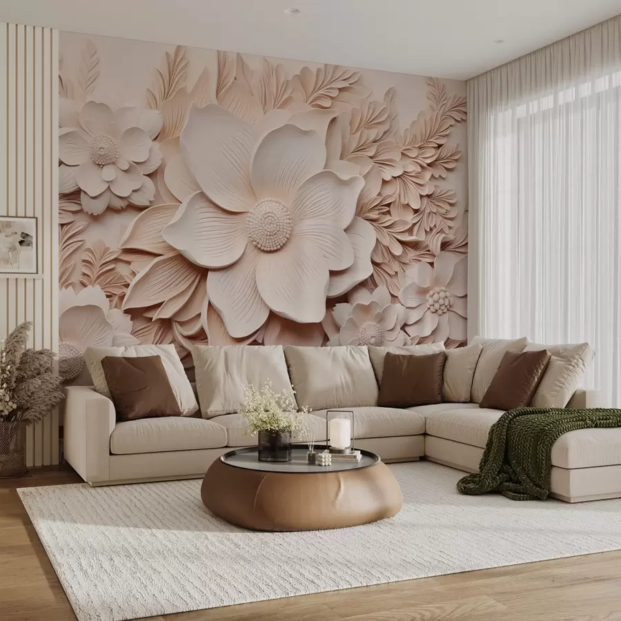 murales de pared Flores y hojas beige con efecto relieve w08933