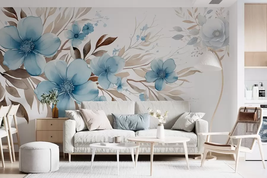 murales de pared Composición floral con flores azules y hojas marrones w08934