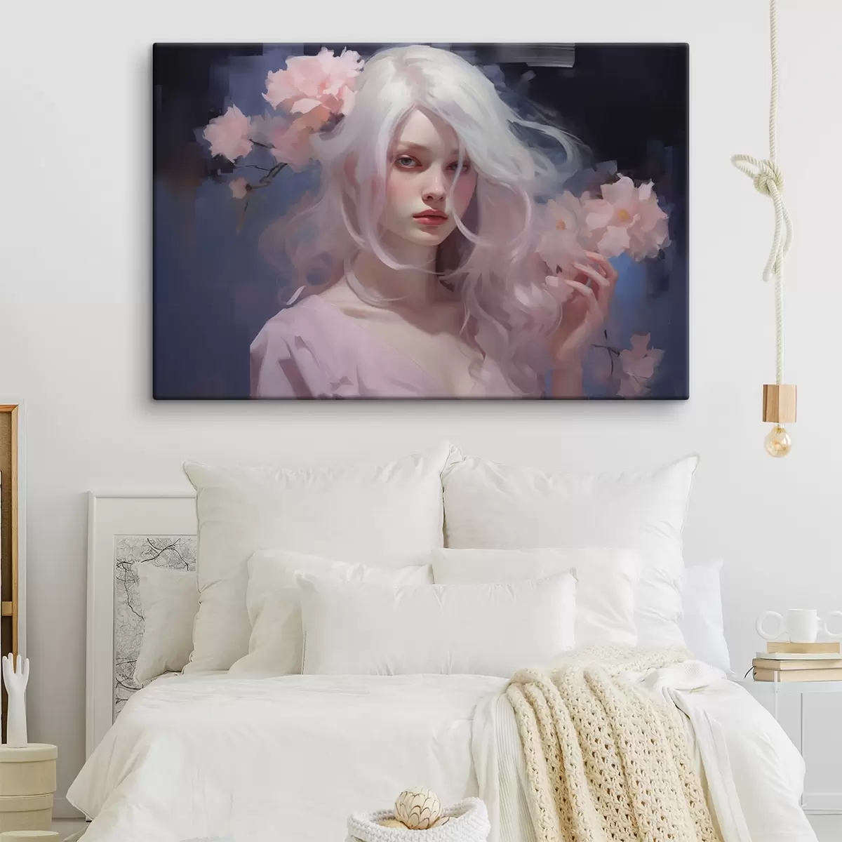 murales de pared Niña con peonías, dibujo estilo acrílico, fondo oscuro  s43496