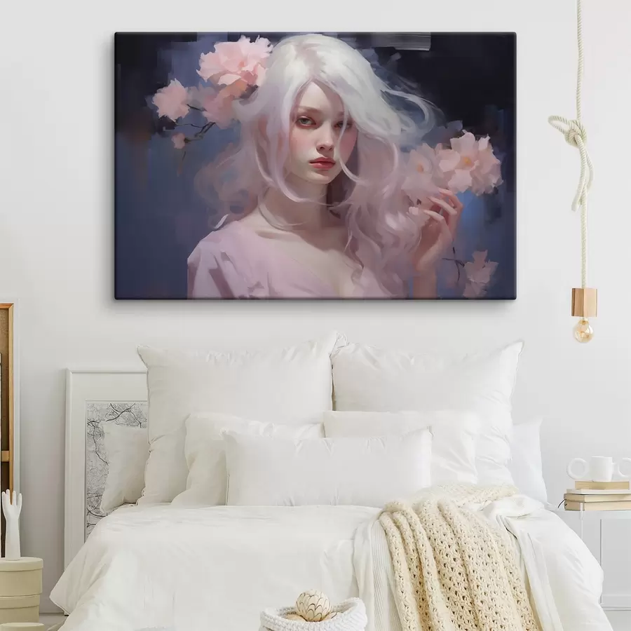 murales de pared Niña con peonías, dibujo estilo acrílico, fondo oscuro  s43496