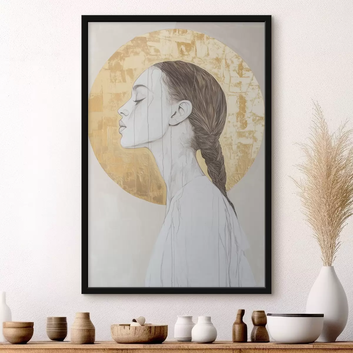 Poster Retrato de mujer, minimalismo, estilo acrílico, colores beige f43504