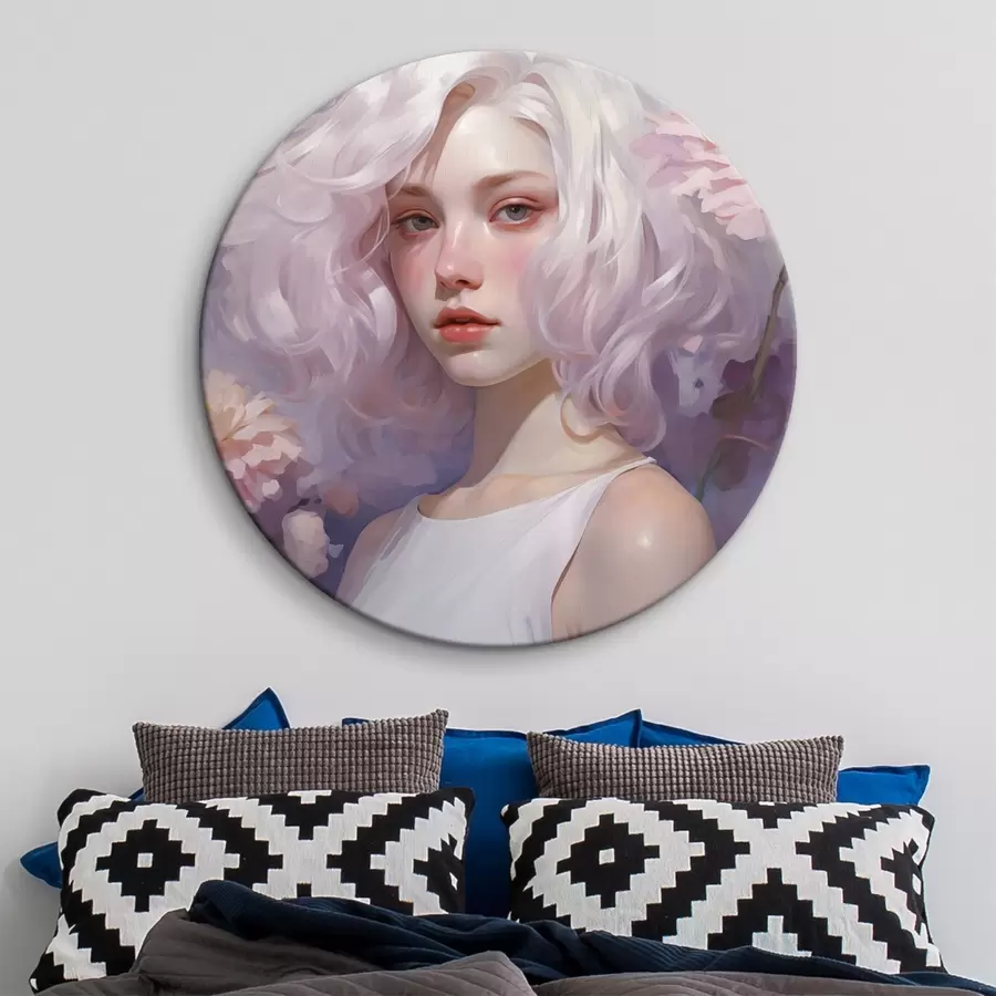 murales de pared Hermosa chica en las flores, dibujo estilo acrílico, Japón, colores púrpura r43495