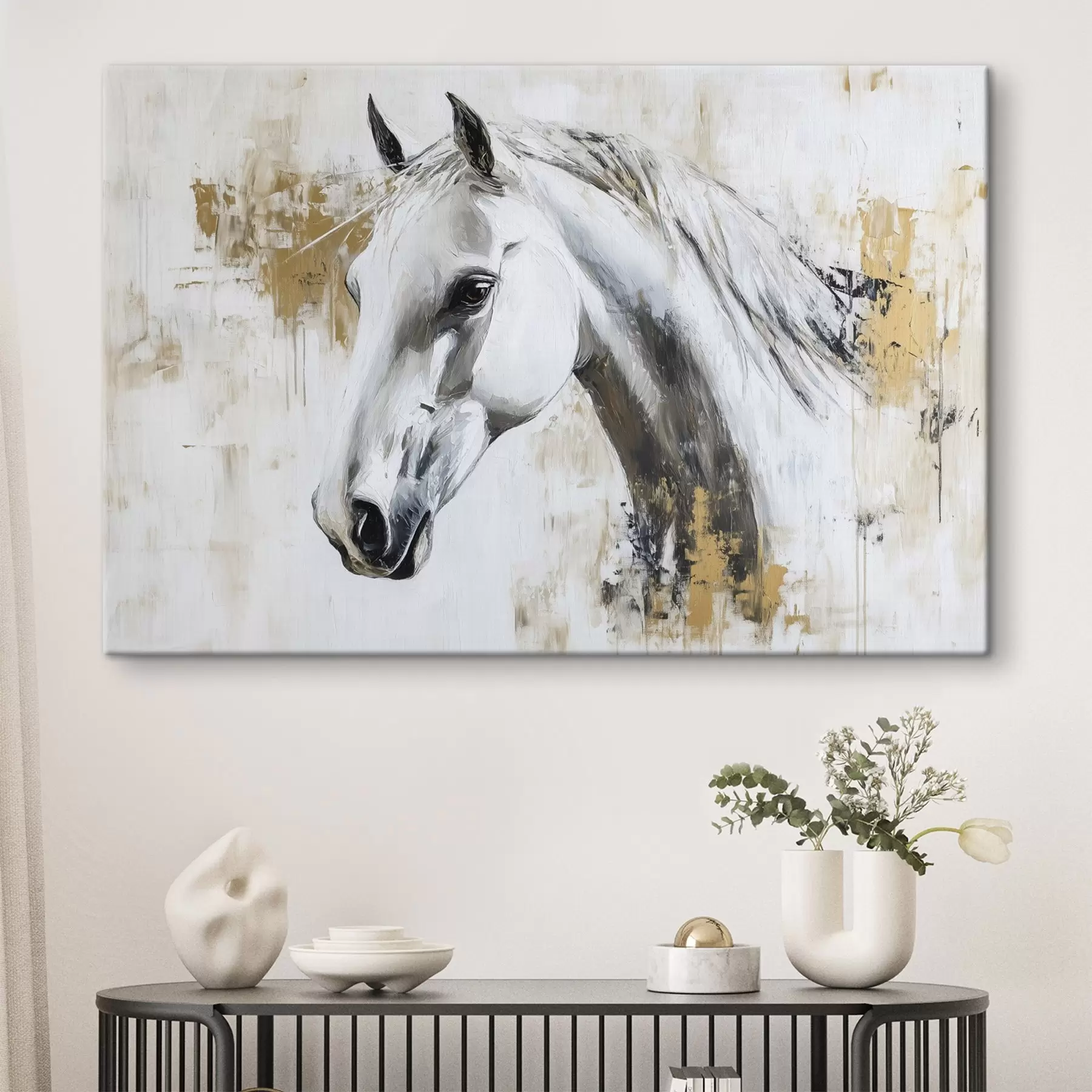 murales de pared Caballo blanco, dibujo al óleo, animales, pinceladas vivas s43497