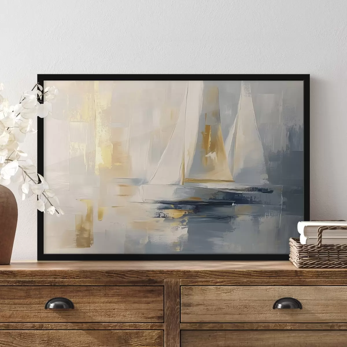 Poster Abstracción con los veleros en el mar, estilo acrílico, puesta de sol f43500