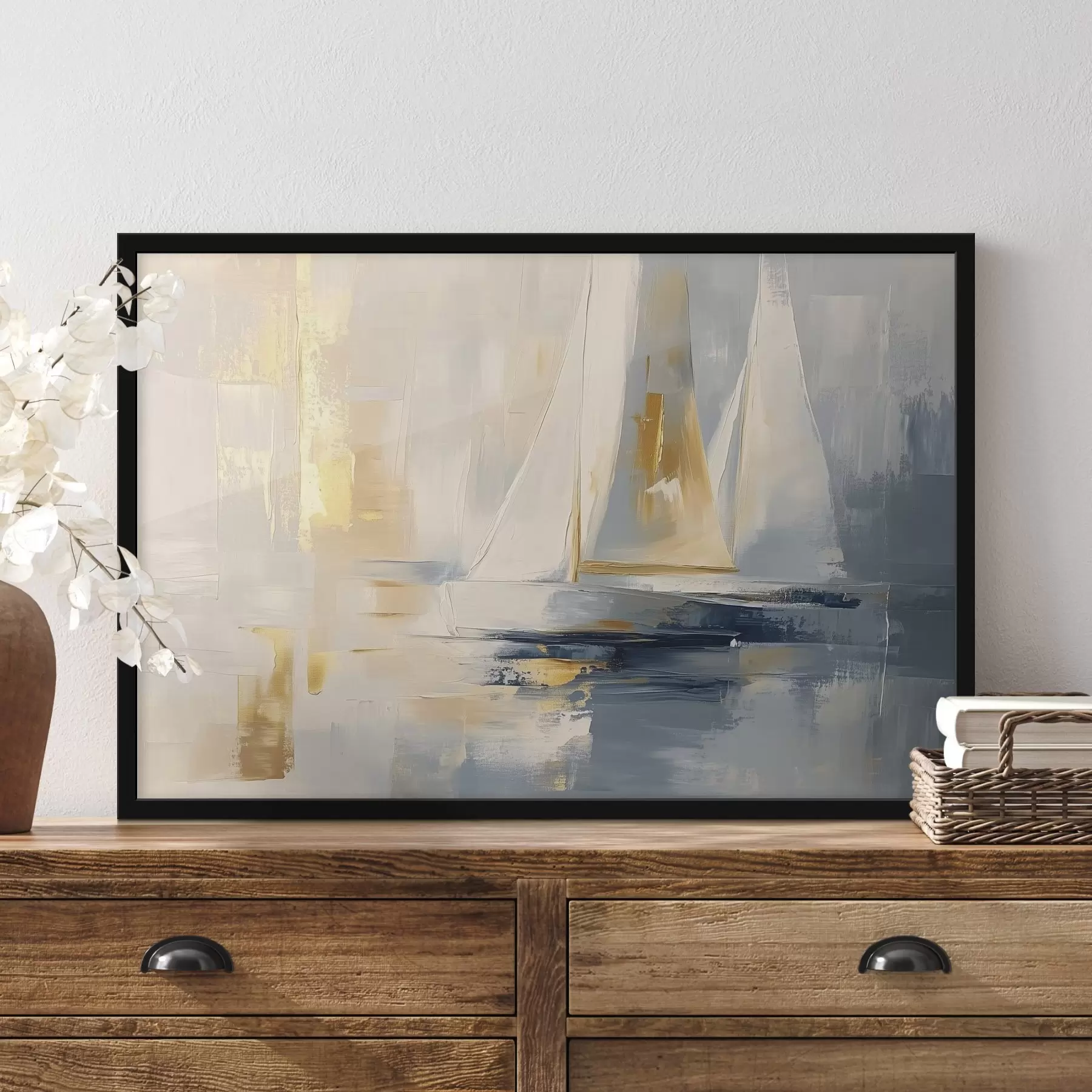 murales de pared Abstracción con los veleros en el mar, estilo acrílico, puesta de sol f43500