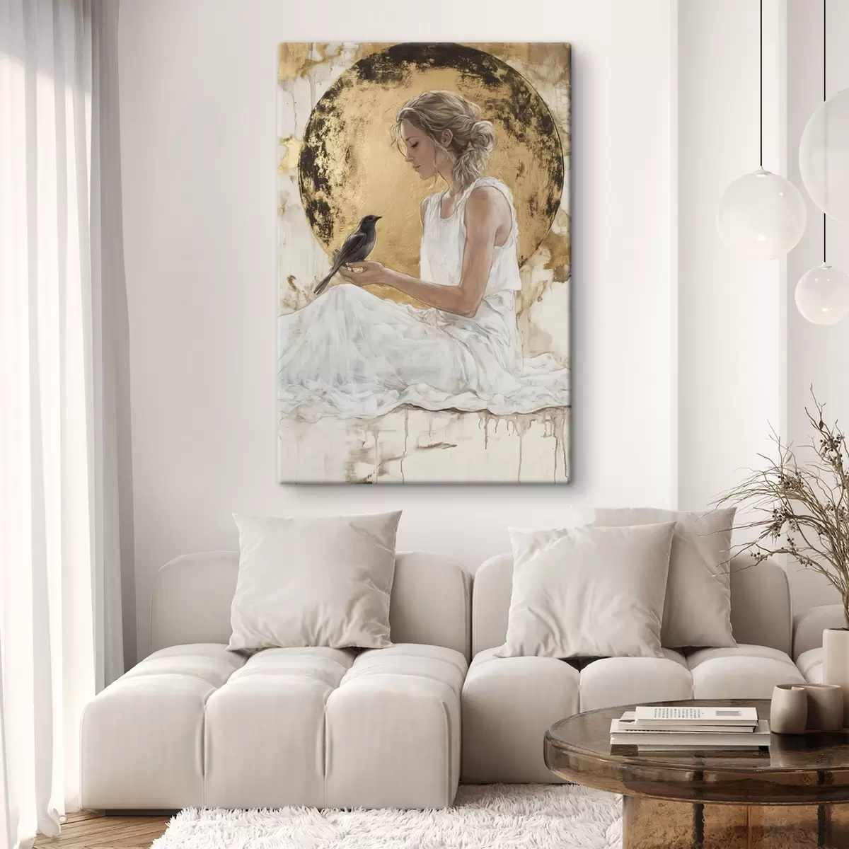 murales de pared Hermosa mujer con pájaro, Grecia, dibujo estilo acrílico s43503