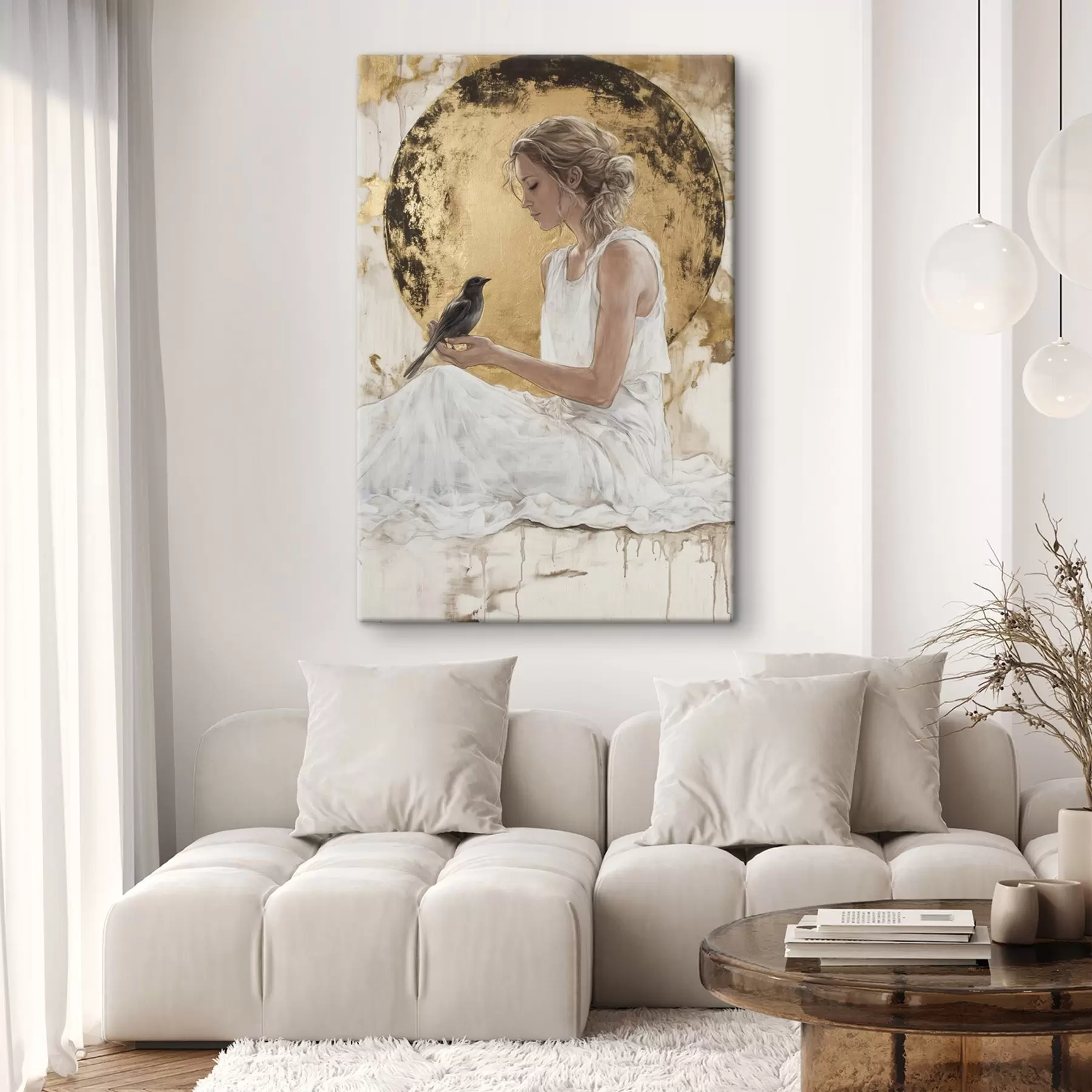 murales de pared Hermosa mujer con pájaro, Grecia, dibujo estilo acrílico s43503