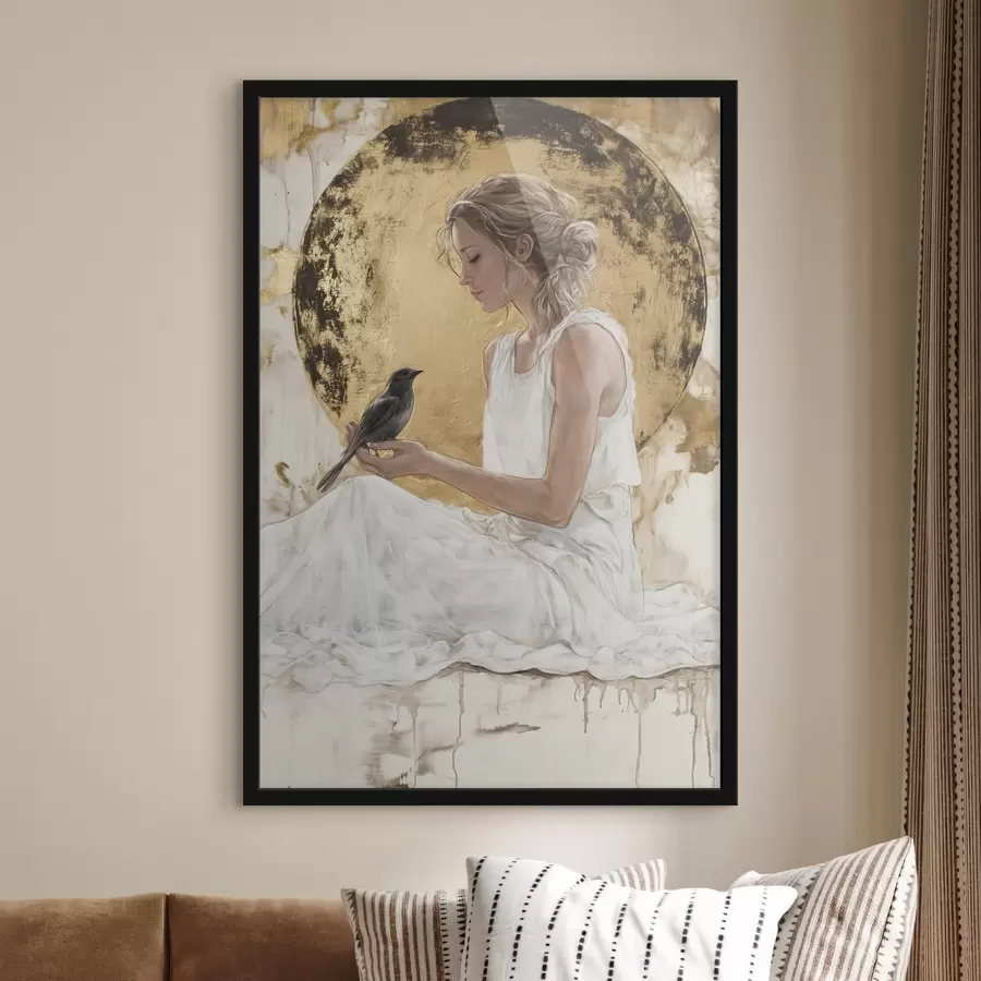 murales de pared Hermosa mujer con pájaro, Grecia, dibujo estilo acrílico f43503