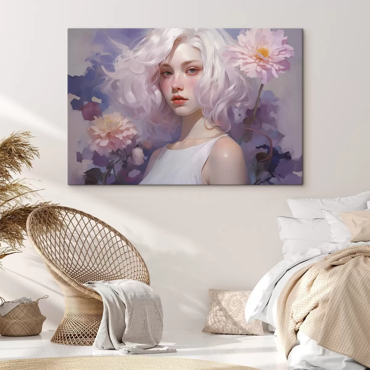 murales de pared Hermosa chica en las flores, dibujo estilo acrílico, Japón, colores púrpura s43495