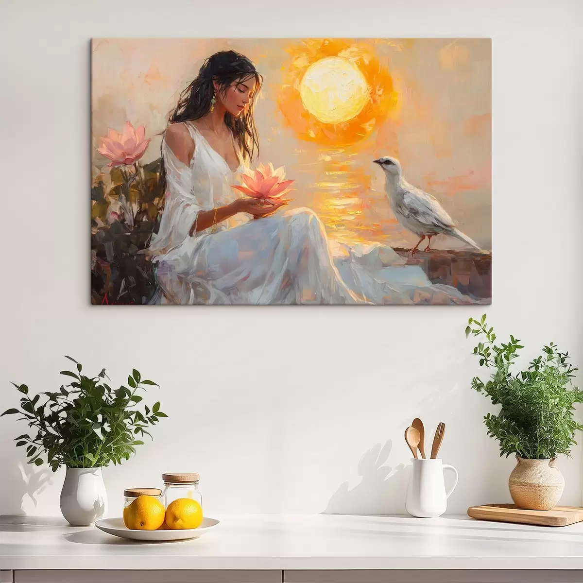 murales de pared Mujer con flor de loto en la puesta de sol, pájaro blanco, dibujo al óleo s43501