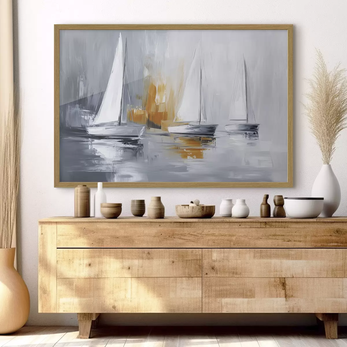 Poster Veleros, abstracción, dibujo estilo acrílico, gris y naranja f43499