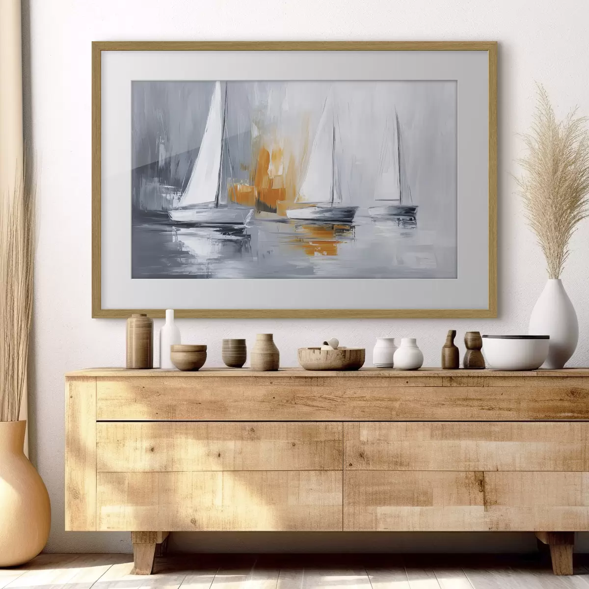 Poster Veleros, abstracción, dibujo estilo acrílico, gris y naranja f43499