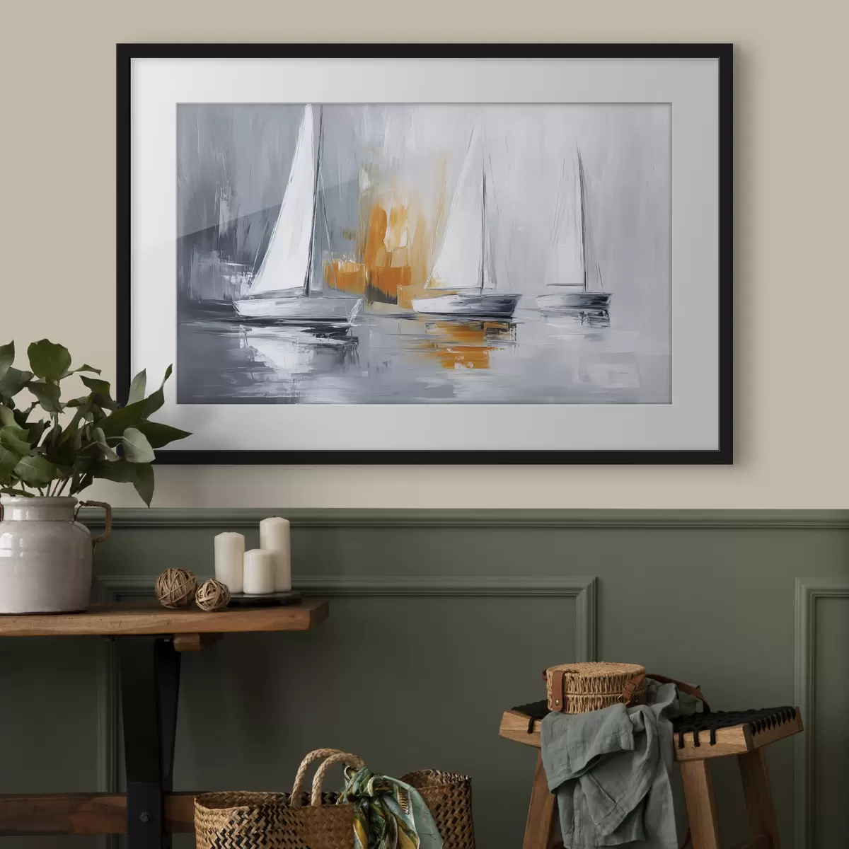 Poster Veleros, abstracción, dibujo estilo acrílico, gris y naranja f43499