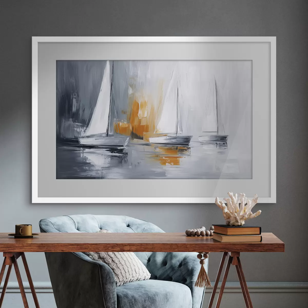 Poster Veleros, abstracción, dibujo estilo acrílico, gris y naranja f43499