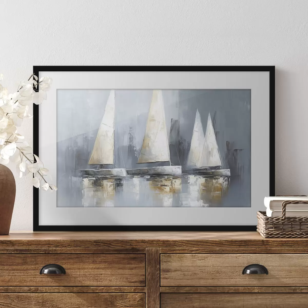 Poster Veleros con reflejos en el agua, dibujo al óleo, colores grises f43506