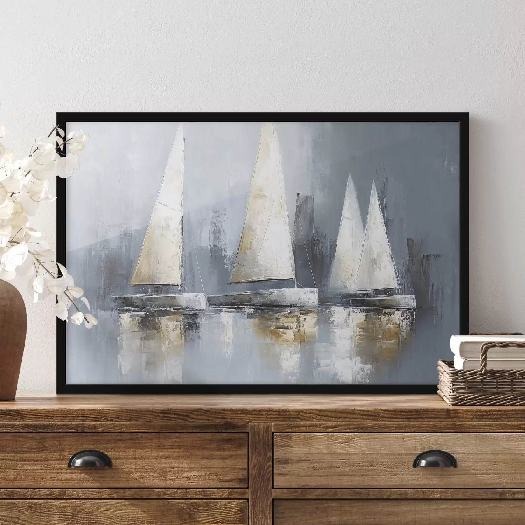 murales de pared Veleros con reflejos en el agua, dibujo al óleo, colores grises f43506