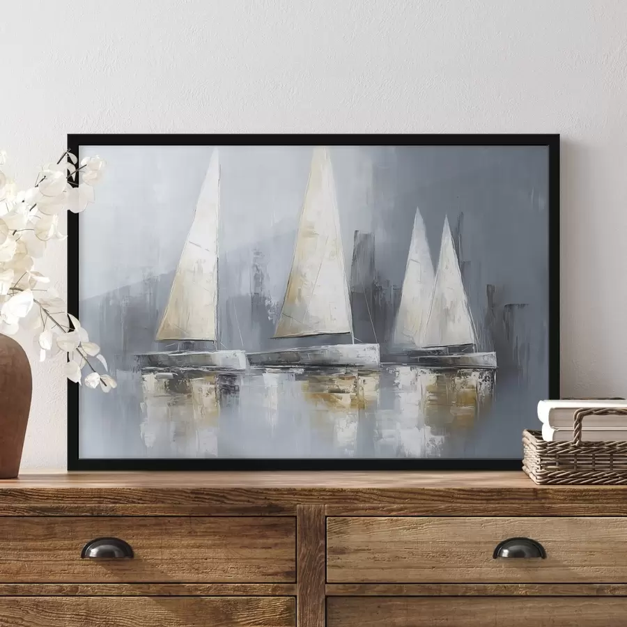 murales de pared Veleros con reflejos en el agua, dibujo al óleo, colores grises f43506