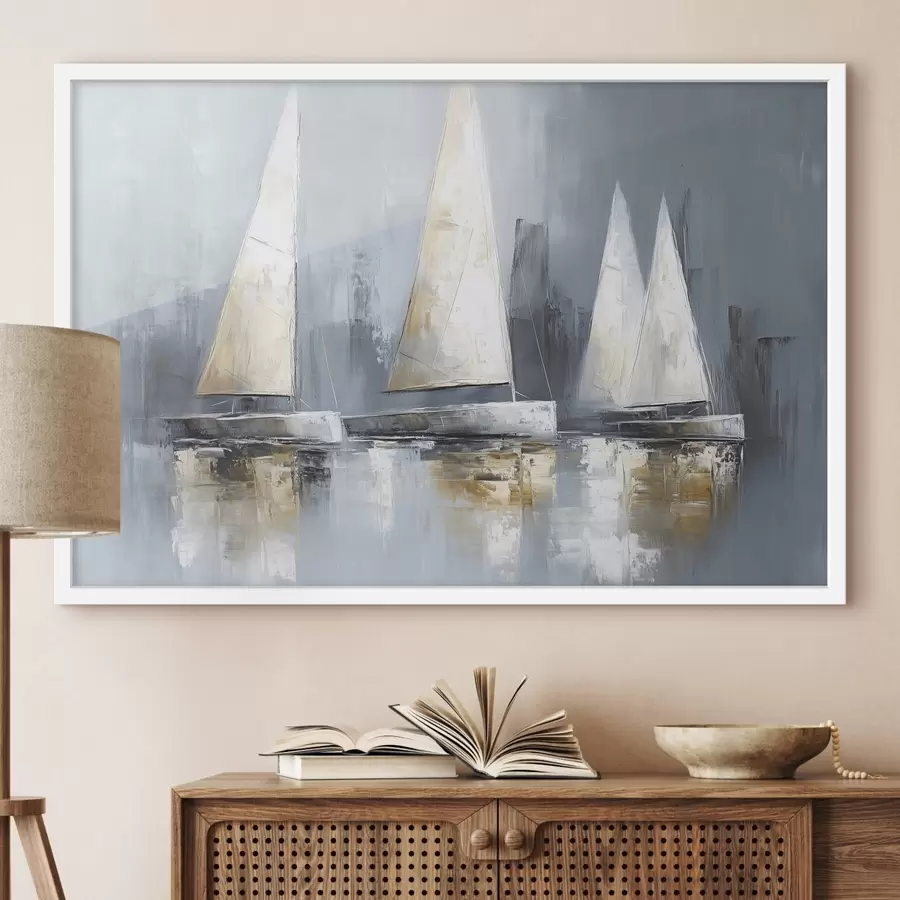 murales de pared Veleros con reflejos en el agua, dibujo al óleo, colores grises f43506