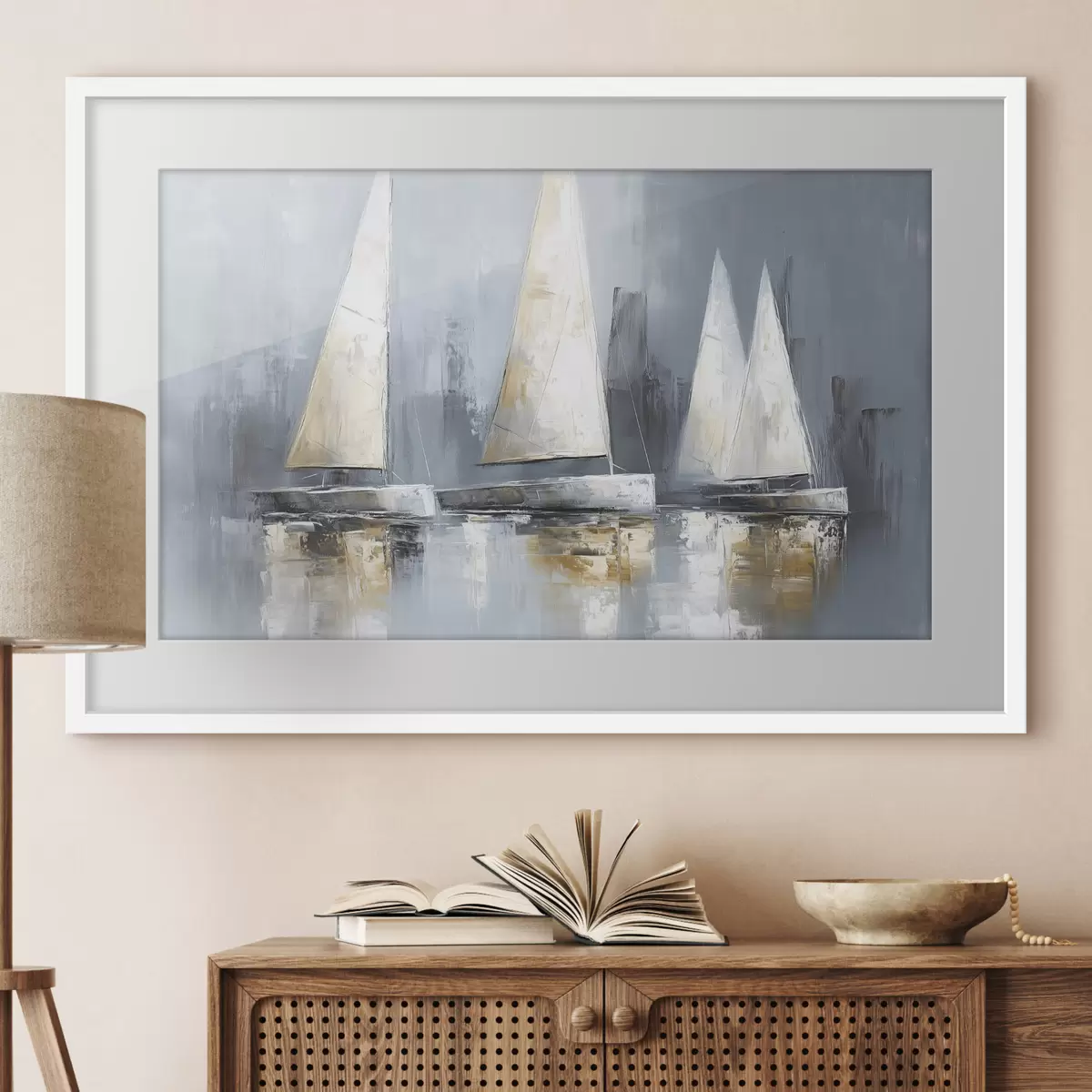 Poster Veleros con reflejos en el agua, dibujo al óleo, colores grises f43506