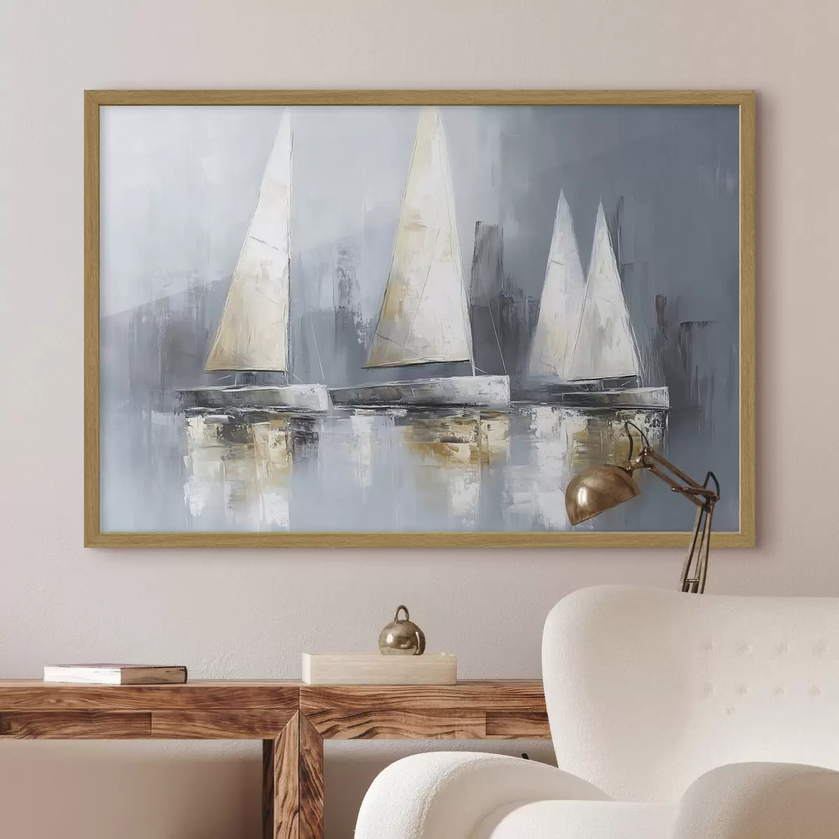 Poster Veleros con reflejos en el agua, dibujo al óleo, colores grises f43506