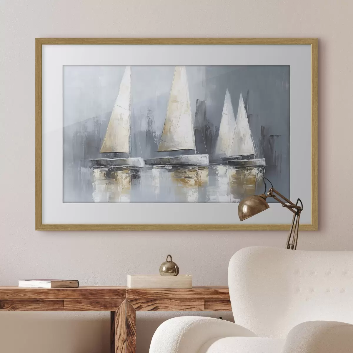 Poster Veleros con reflejos en el agua, dibujo al óleo, colores grises f43506