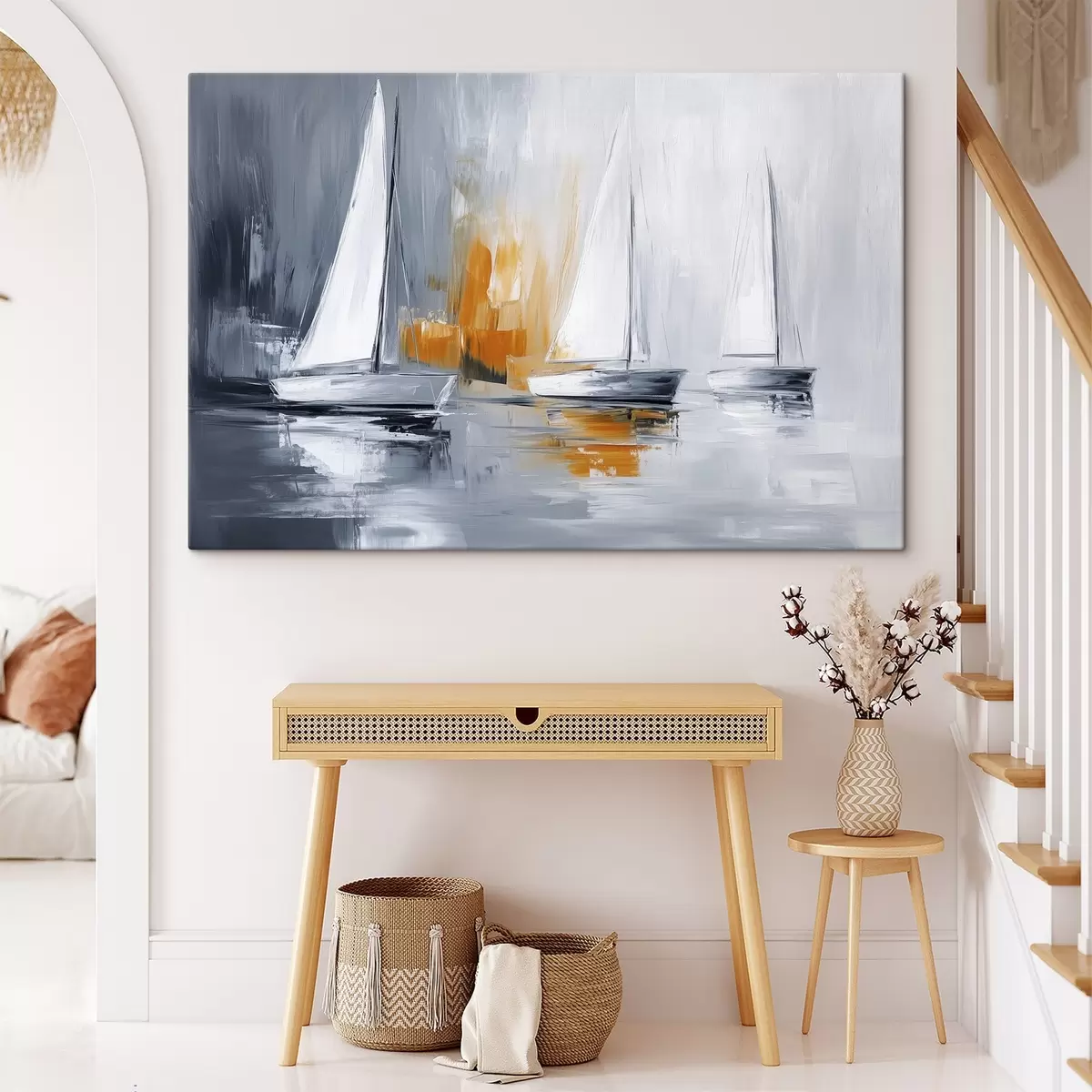 murales de pared Veleros, abstracción, dibujo estilo acrílico, gris y naranja s43499