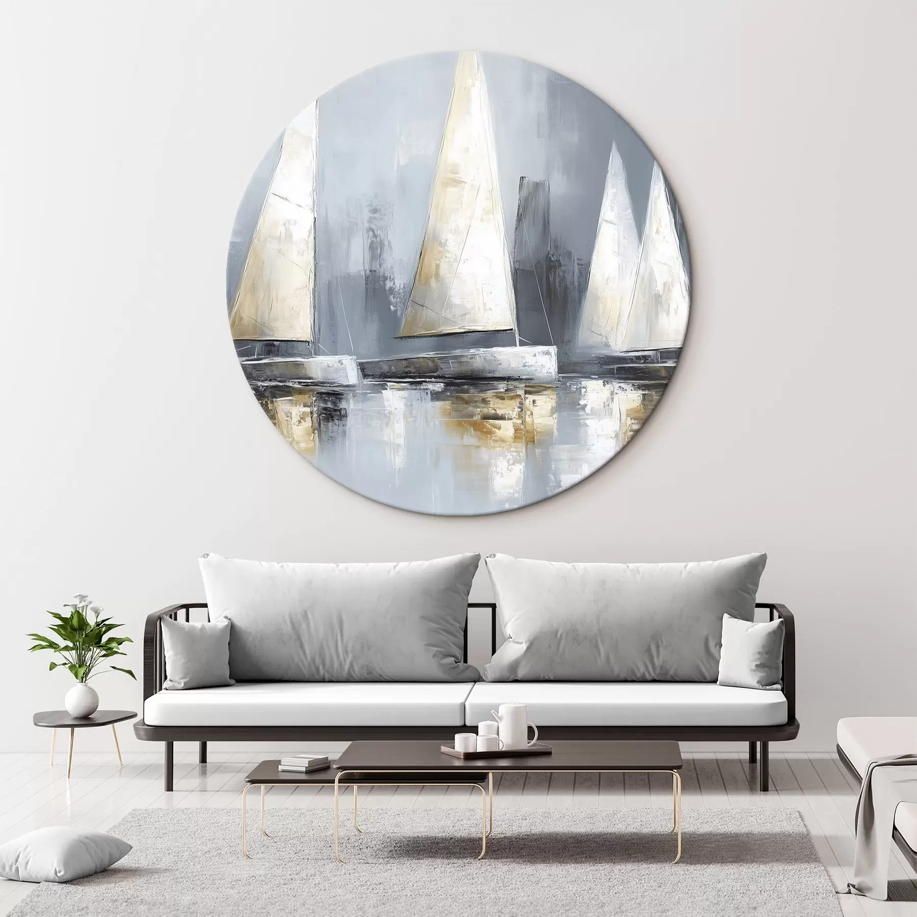 murales de pared Veleros con reflejos en el agua, dibujo al óleo, colores grises r43506