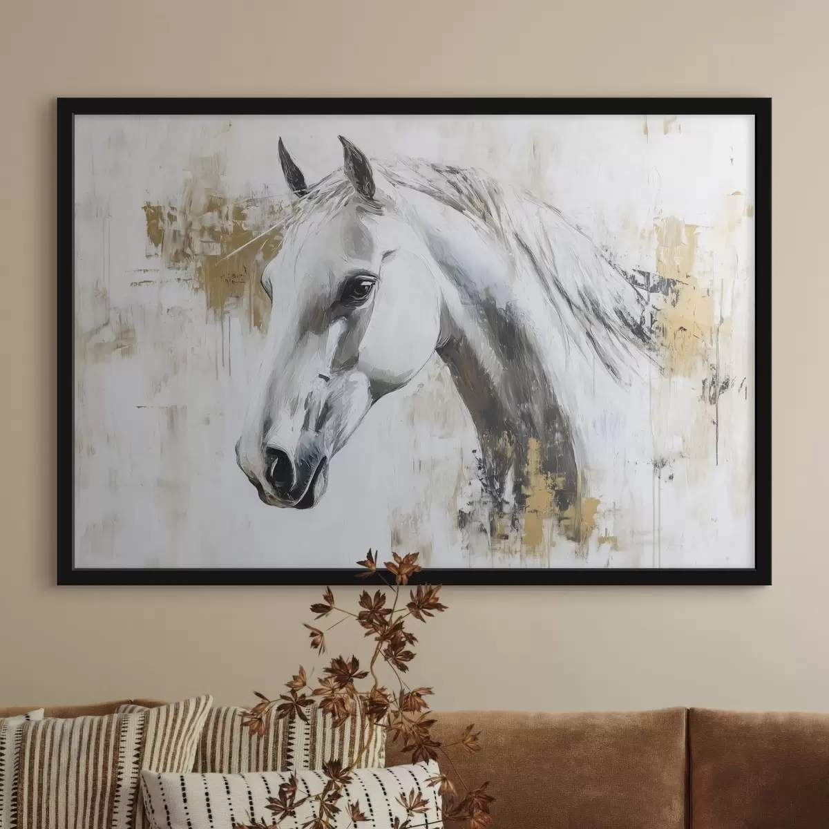 Poster Caballo blanco, dibujo al óleo, animales, pinceladas vivas f43497