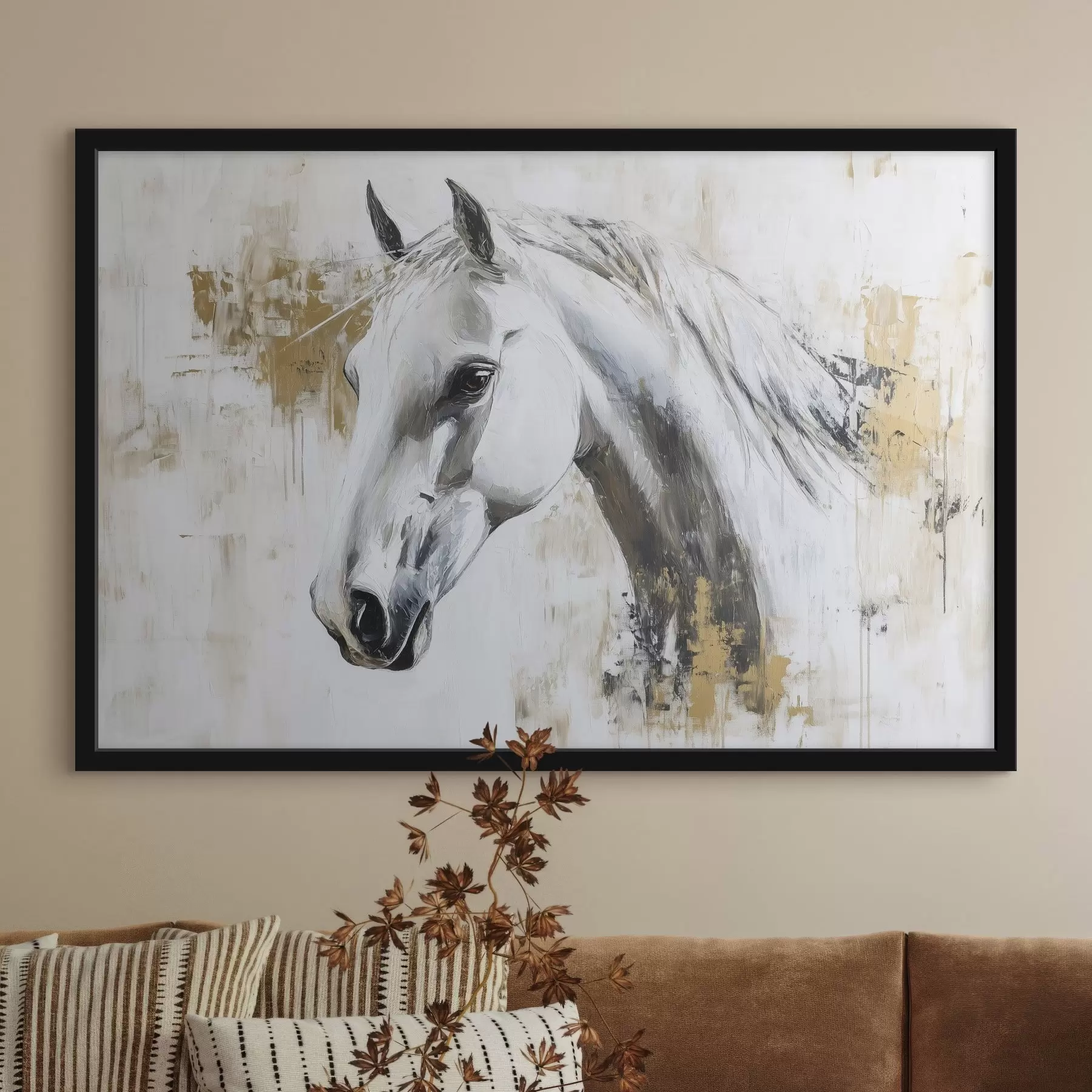 murales de pared Caballo blanco, dibujo al óleo, animales, pinceladas vivas f43497
