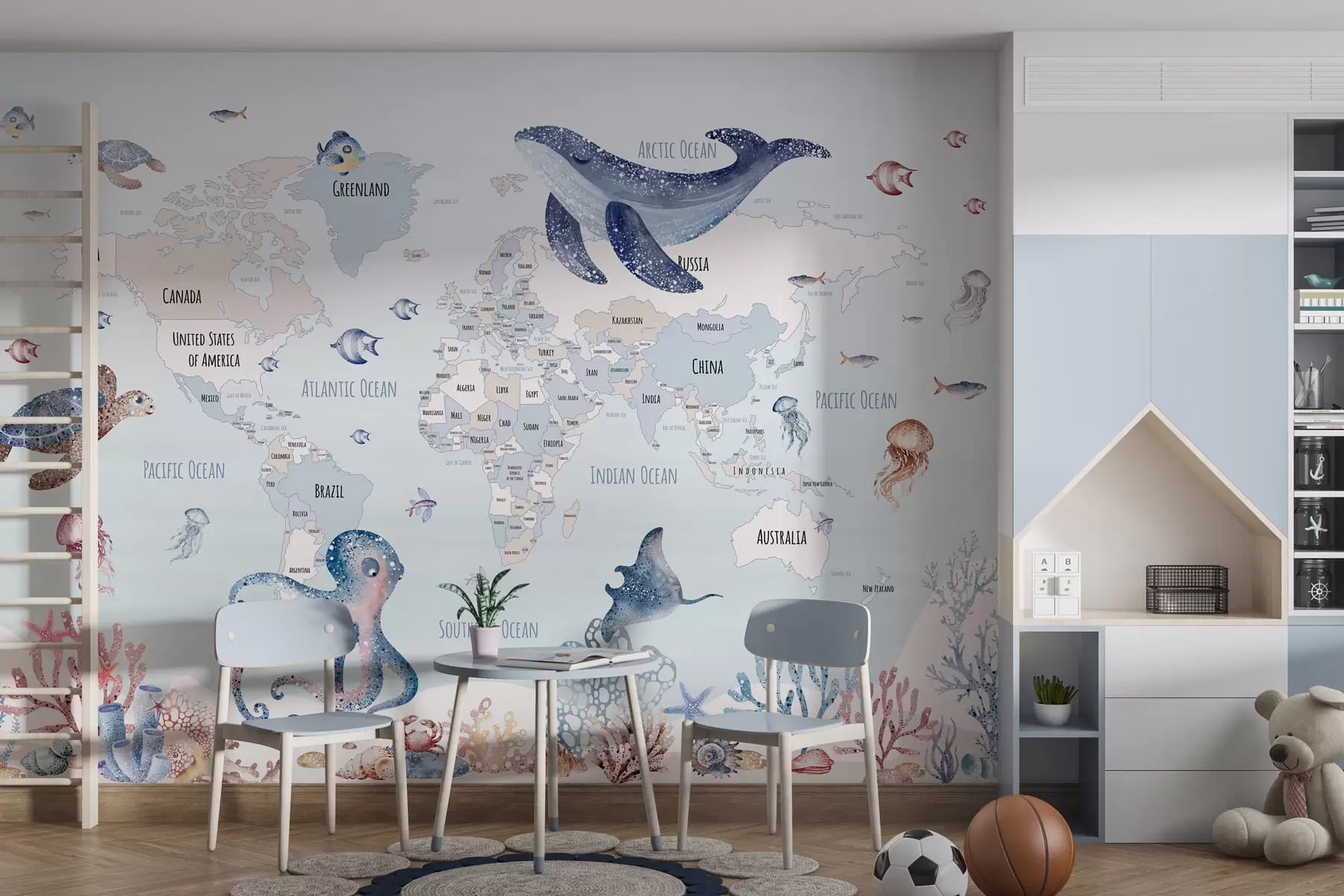 murales de pared Mundo submarino con mapamundi w03526