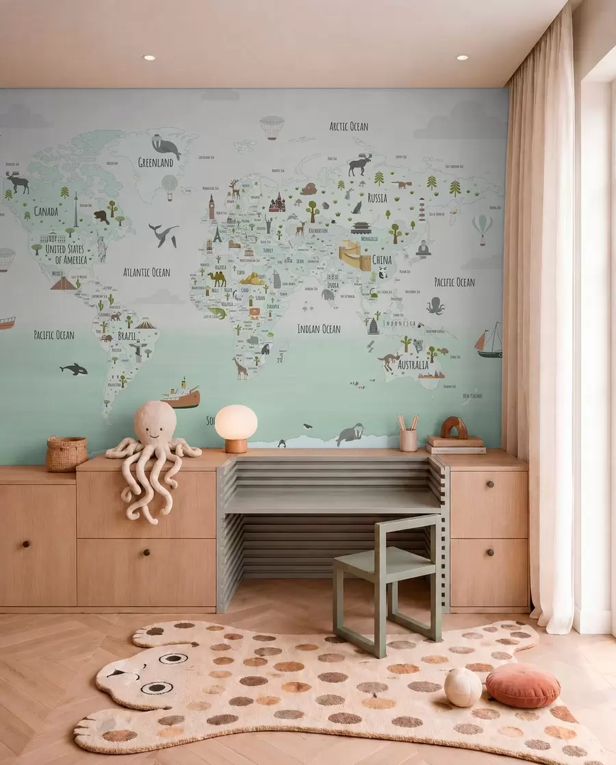 murales de pared Mapamundi con animales y puntos de referencia w03410v2