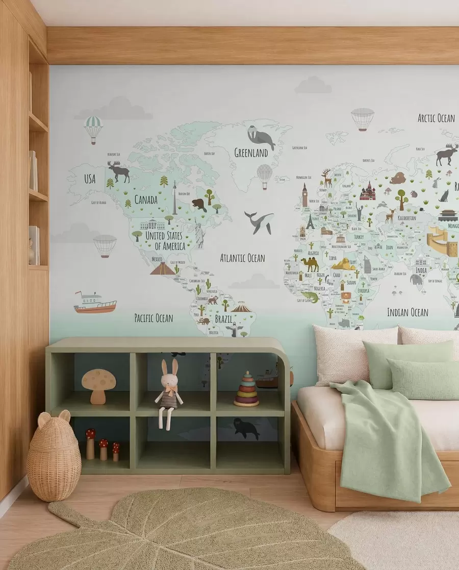 murales de pared Mapamundi con animales y puntos de referencia w03410v2