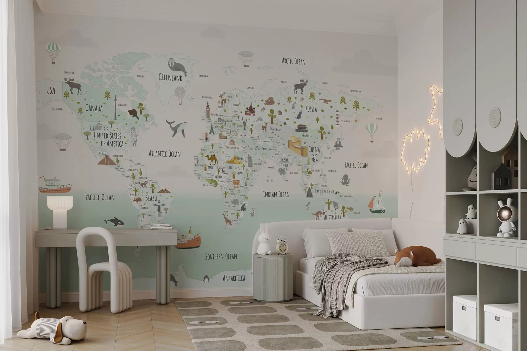 murales de pared Mapamundi con animales y puntos de referencia w03410v2