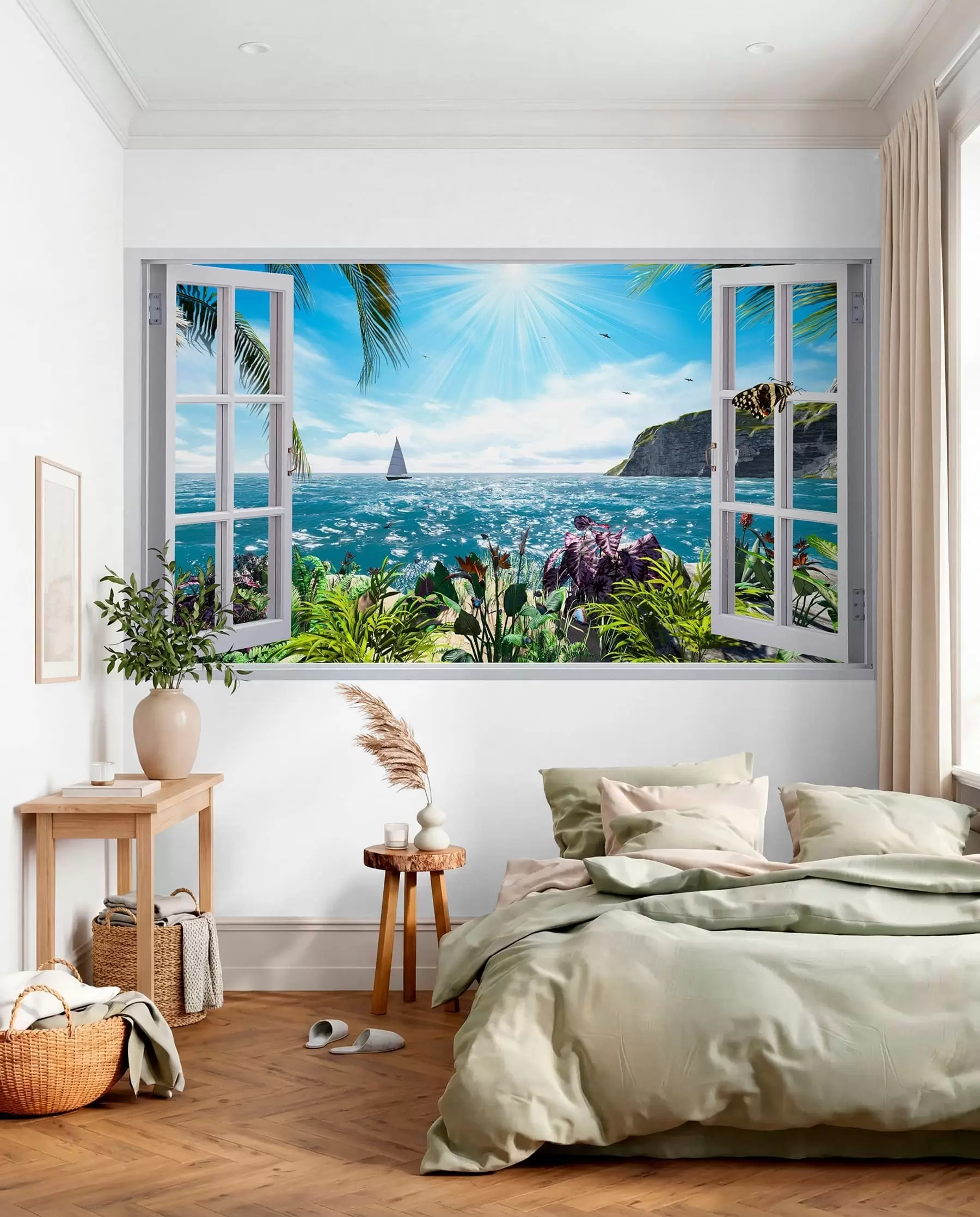 murales de pared Vista desde la ventana al mar y al yate u54608