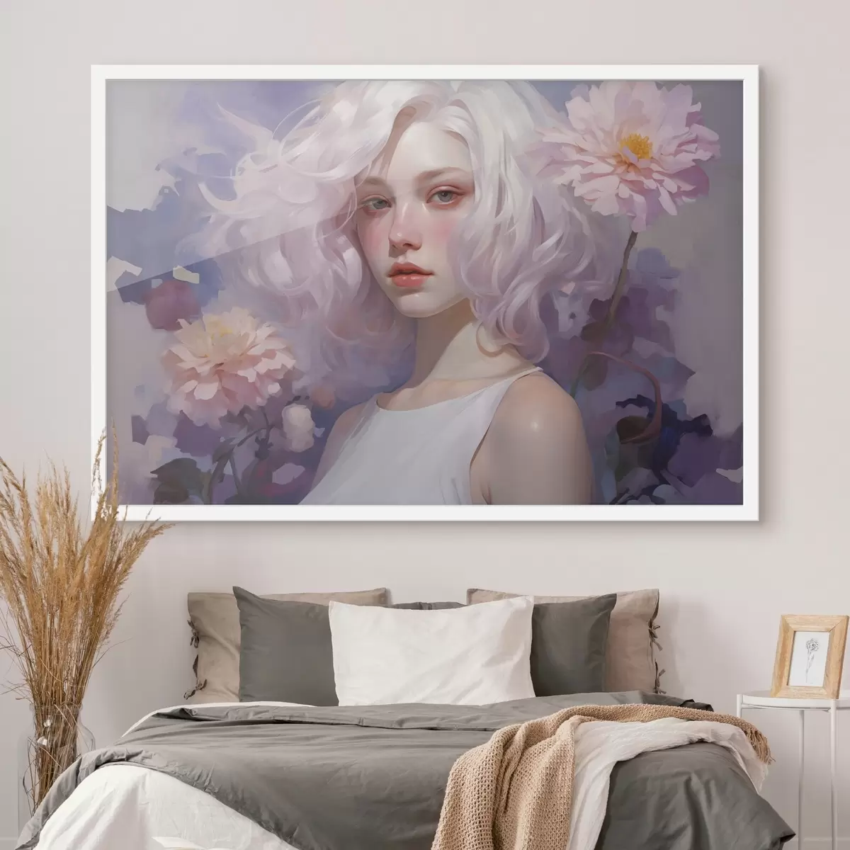 Poster Hermosa chica en las flores, dibujo estilo acrílico, Japón, colores púrpura f43495