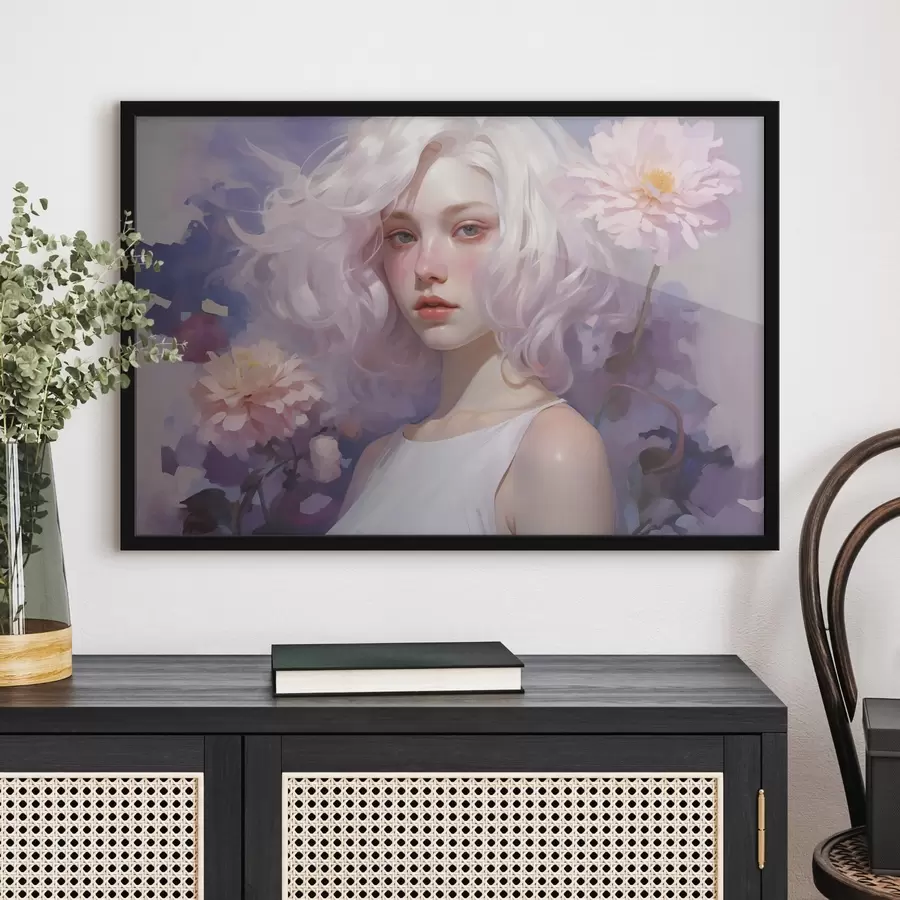 murales de pared Hermosa chica en las flores, dibujo estilo acrílico, Japón, colores púrpura f43495