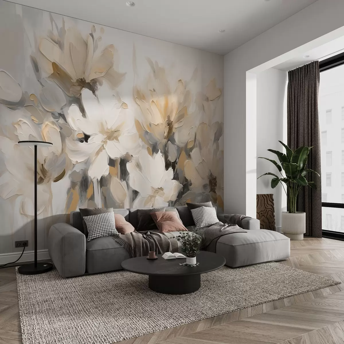 murales de pared Flores pintadas en crema w03575v1