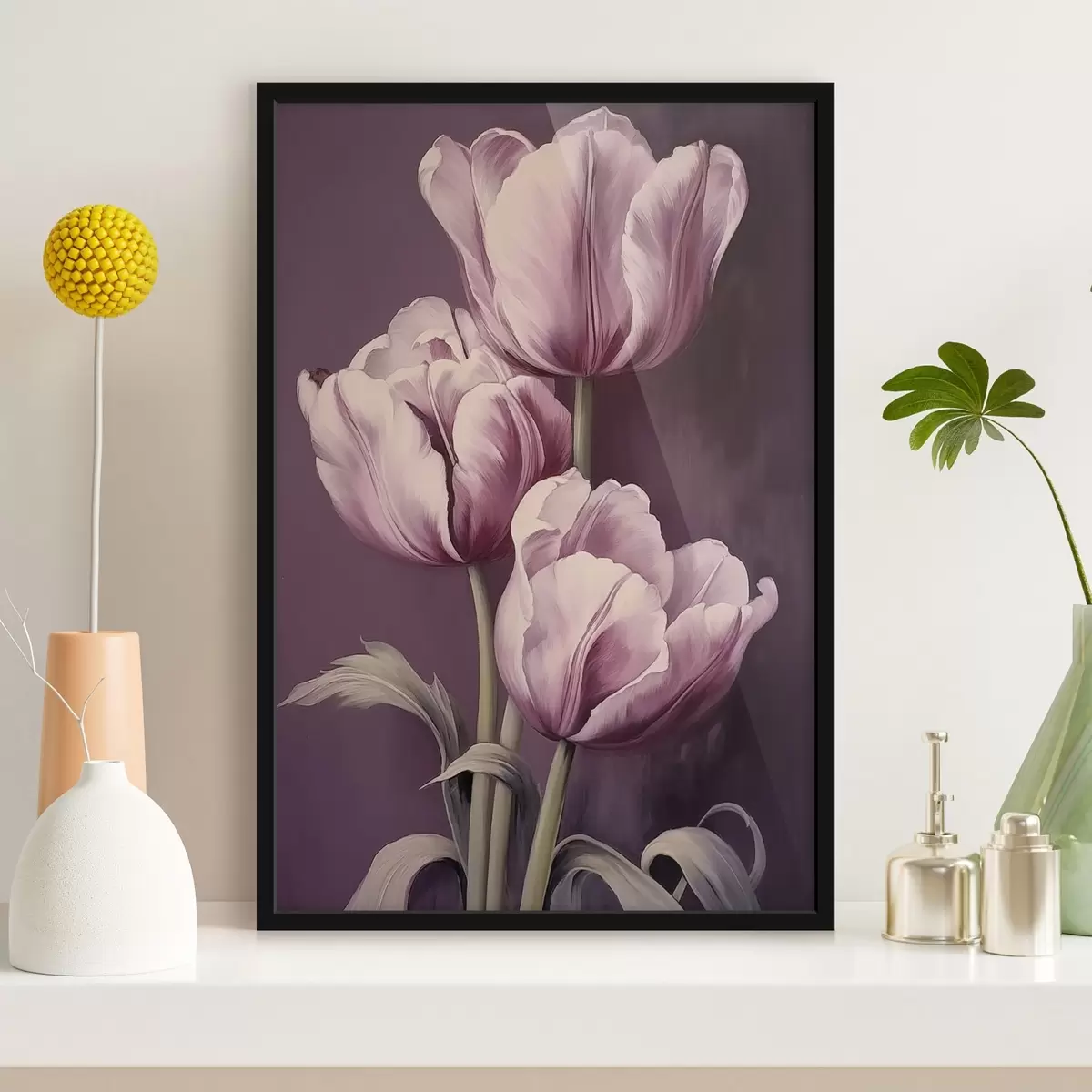 Poster Elegantes tulipanes sobre fondo morado f43513