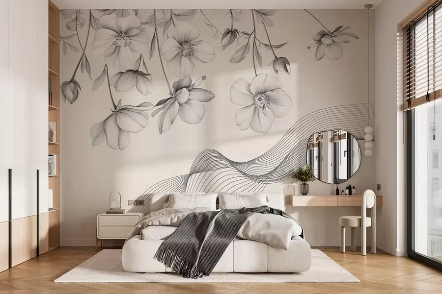 murales de pared flores y líneas gráficas sobre fondo claro w03454