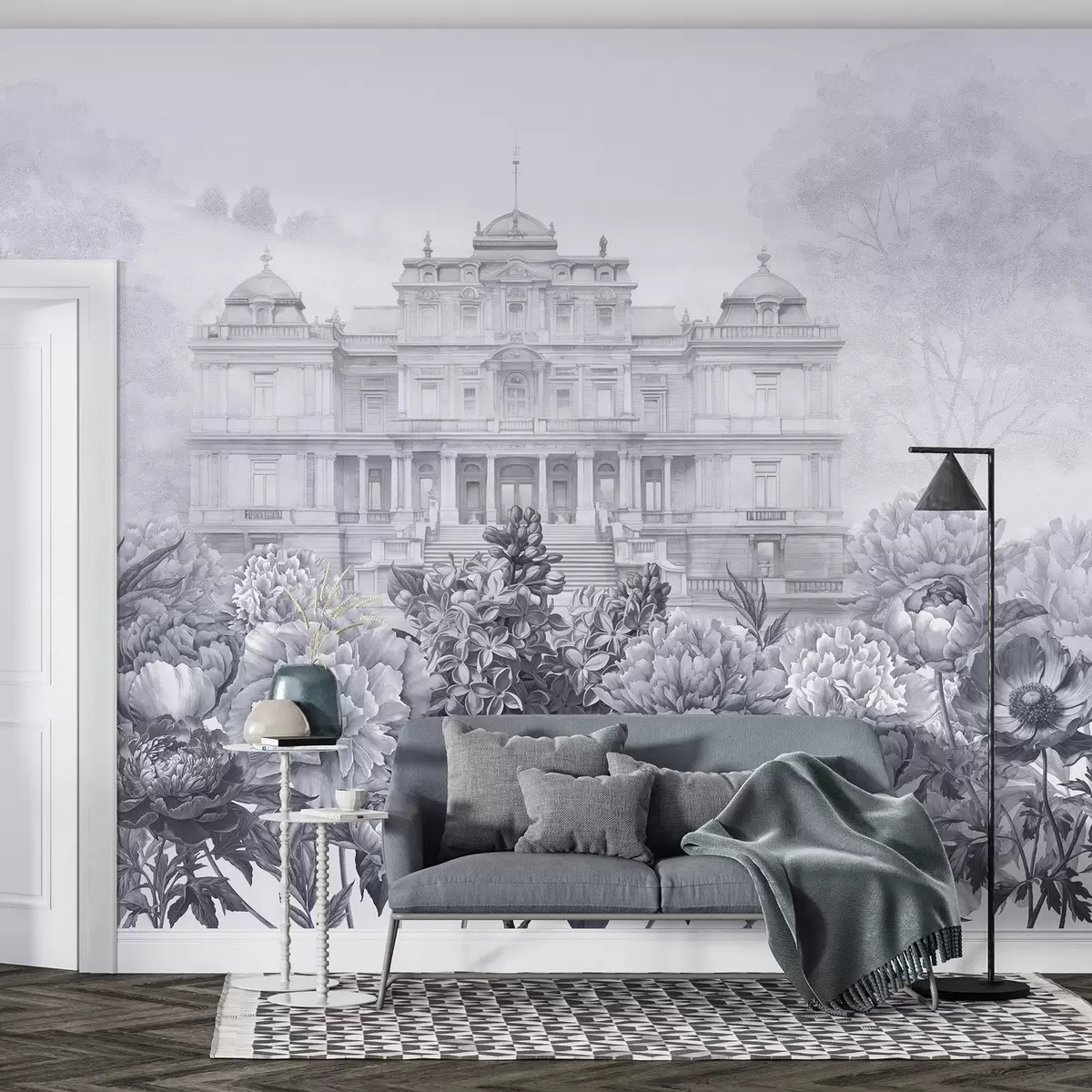 murales de pared Palacio real con jardín de peonías, estilo acuarela, naturaleza, colores azules, boho w03552v1