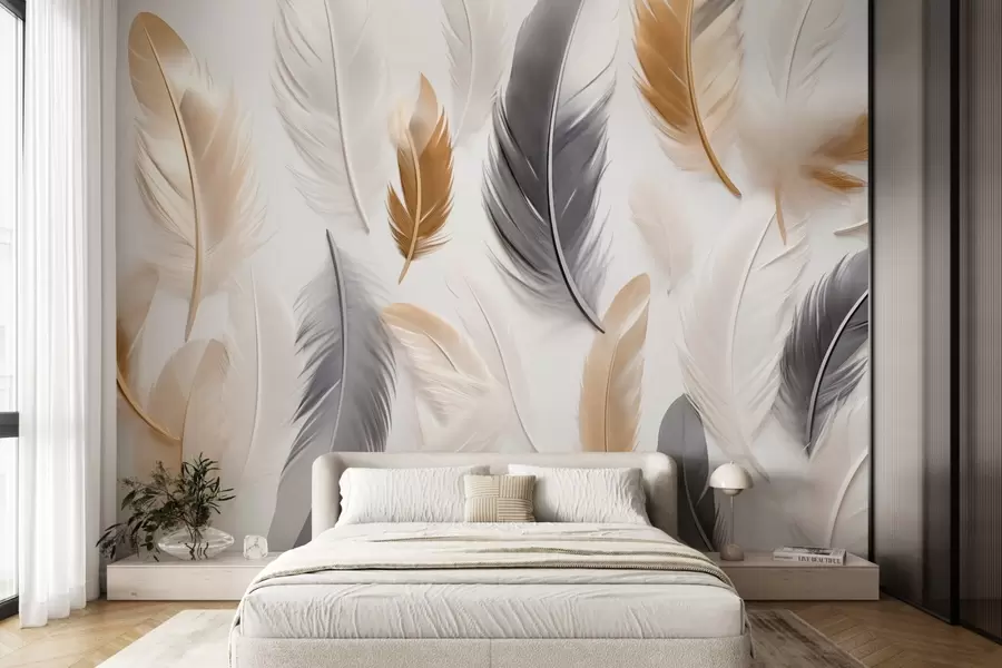 murales de pared Plumas beige-gris en tonos suaves y tranquilos w08955