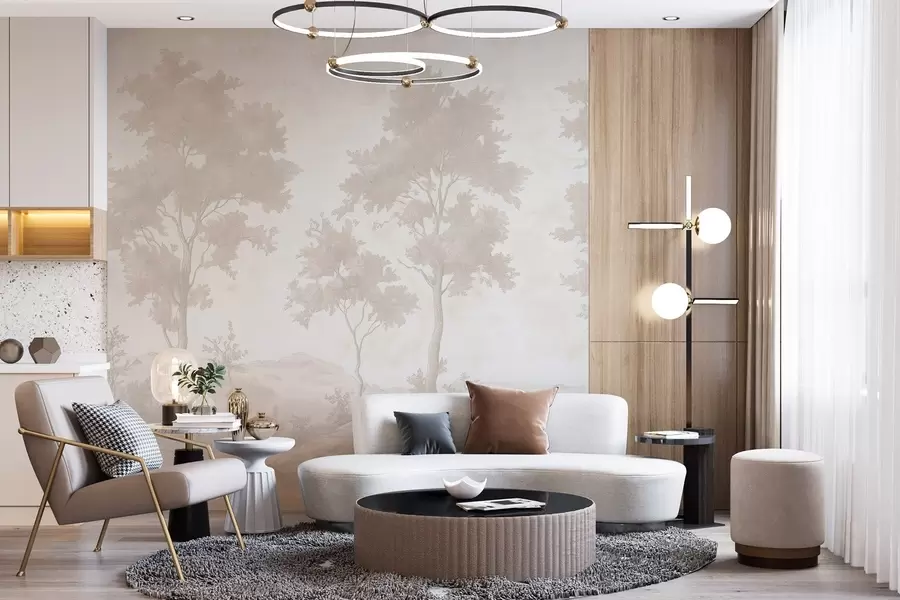 murales de pared Árboles en la colina, dibujo estilo pastel, colores beige, rústico w03550