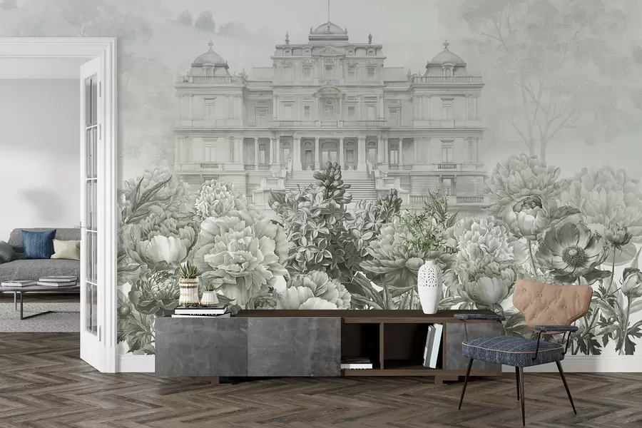 murales de pared Palacio real con jardín de peonías, estilo acuarela, naturaleza, colores verdes, boho w03552v2